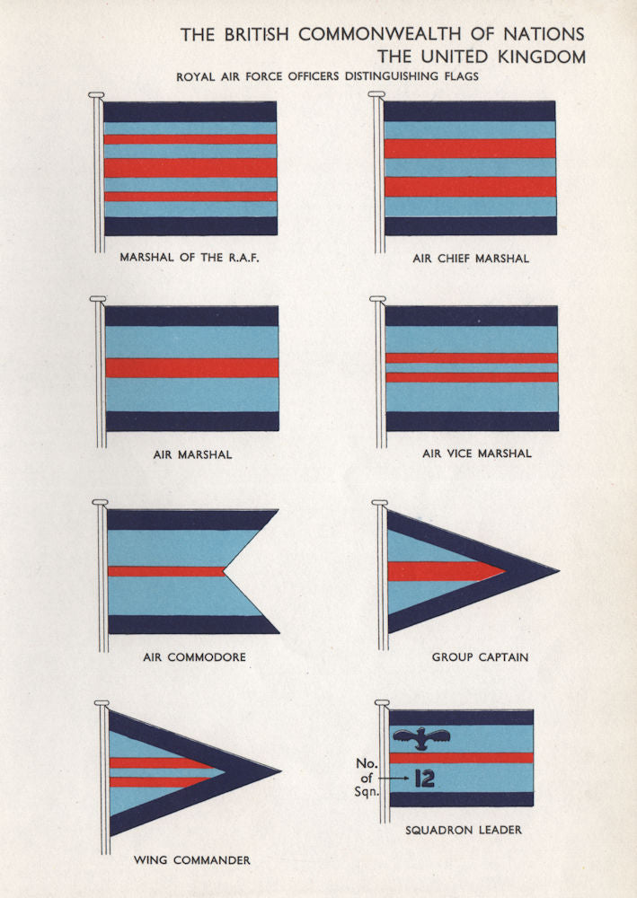 BRITISH ROYAL AIR FORCE OFFICERS FLAGS. Marshal Commodore. Group Captain &c 1958